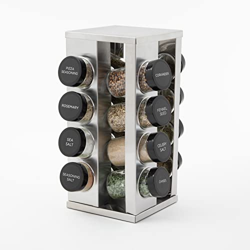  Kamenstein 16 Jar Heritage Revolving Countertop Spice Rack Organizer With Spices Included, FREE Spice Refills For 5 Years, Brushed Stainless Steel With Black Caps
