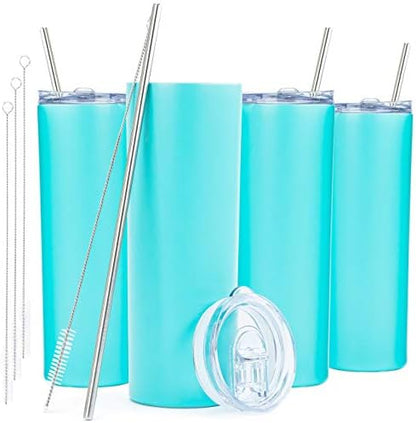  Kinny Tumblers With Lids And Straws (4 Pack) - 20 Oz Double Wall Insulated Slim Stainless Steel Silver Tumblers With Straw Cleaner | Reusable Travel Mug For Hot And Cold Beverages