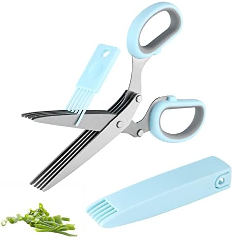  Gourmet Herb Scissors Set - Master Culinary Multipurpose Cutting Shears With Stainless Steel 5 Blades, Herb Stripper, Safety Cover And Cleaning Comb For Cutting Cilantro Onion Salad