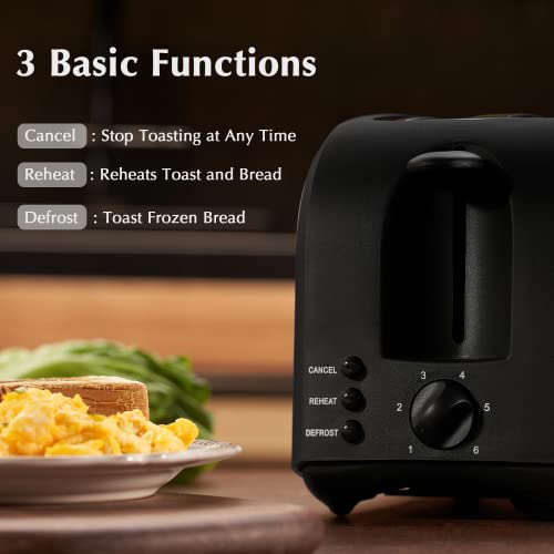  2 Slice Toaster CUSINAID Black Wide Slot Toaster 2 Slice Best Rated Prime With Pop Up Reheat Defrost Functions, 6-Shade Control, Removable Crumb Tray
