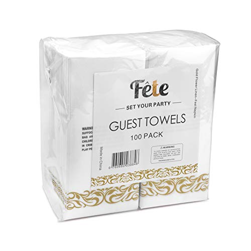  Decorative Hand Towels, Gold Flower 100pcs, Disposable Linen-Feel Guest Towels – Formal Dinner, Anniversary, And Wedding Napkins For Tables, Guestrooms, And Restrooms - 8.5 X 4 -Inches Folded By Fete,