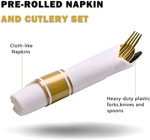  Pre Rolled Napkin And Cutlery Set - 120 Pack Gold Disposable Silverware Include 120 Forks, 120 Knives, 120 Spoons, 120 Napkins For Parties, Weddings And Catering EventsGold 120Pcs)