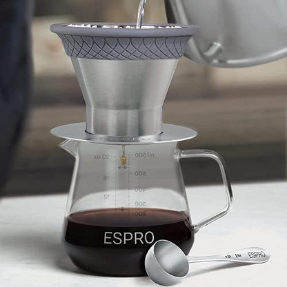  - BLOOM Pour Over Coffee Brewing Kit - Durable Thermal Brushed Stainless Steel Sleeve, Dual Filter Mode With Patented Micro-Filter, Premium Borosilicate Glass Carafe, Stainless Steel Measuring Scoop And 50 Paper Filters