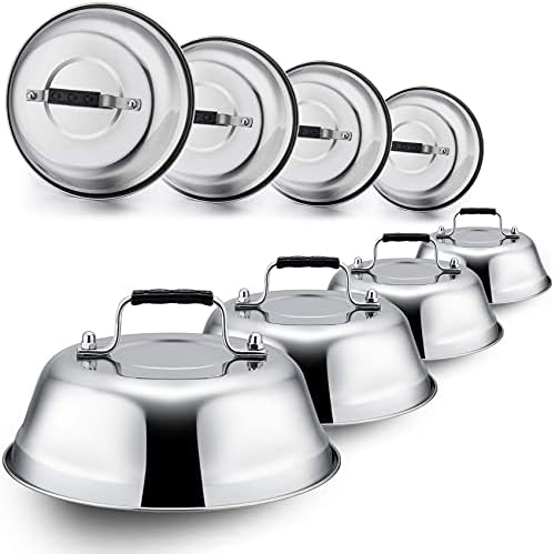  Melting Dome Lid Set Of 4, Leonyo 9" Professional Stainless Steel Griddle Accessories, Durable Basting Steaming Cover For Teppanyaki Flat Top Griddle Grill, Rivets Handle, Hamburger Bacon Cheese Steak