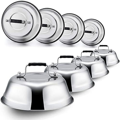  Melting Dome Lid Set Of 4, Leonyo 9" Professional Stainless Steel Griddle Accessories, Durable Basting Steaming Cover For Teppanyaki Flat Top Griddle Grill, Rivets Handle, Hamburger Bacon Cheese Steak
