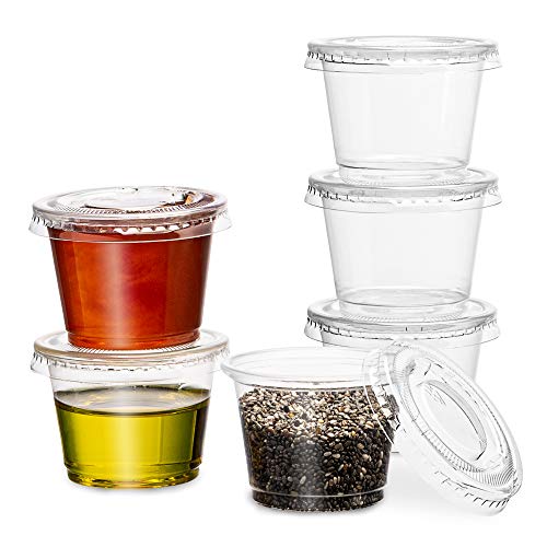 Portion Cup Combo 100 Pack - 1 Oz Cups With Lids, Leak-Proof And Stackable Souffle Cups, Jello Shot Cups, Condiment Cups