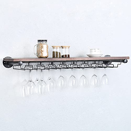  Industrial Pipe Shelving Hanging Stemware Racks,Rustic Wall Mounted Wine Rack With 8 Glass Holder,Steampunk Iron Floating Bar Shelves Stemware Holder,36in Metal Real Wood Shelf Wall Shelf