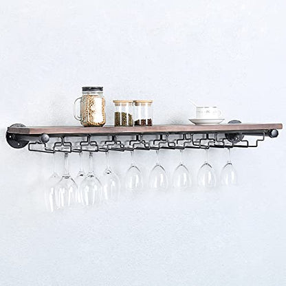  Industrial Pipe Shelving Hanging Stemware Racks,Rustic Wall Mounted Wine Rack With 8 Glass Holder,Steampunk Iron Floating Bar Shelves Stemware Holder,36in Metal Real Wood Shelf Wall Shelf