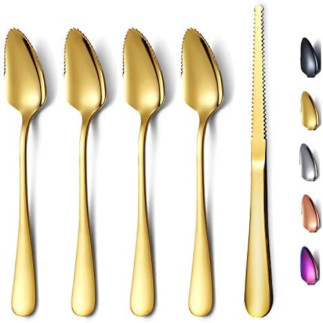  Gold Grapefruit Spoons 5 Pieces Set, 4 Stainless Steel Grapefruit Spoon And 1 Grapefruit Knife With Titanium Plating, Grapefruit Utensil Set, Serrated Edges Spoon Pack Of 5 (Gold)