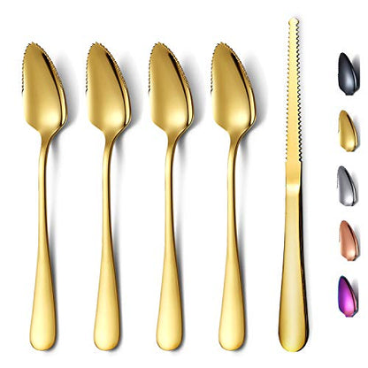  Gold Grapefruit Spoons 5 Pieces Set, 4 Stainless Steel Grapefruit Spoon And 1 Grapefruit Knife With Titanium Plating, Grapefruit Utensil Set, Serrated Edges Spoon Pack Of 5 (Gold)