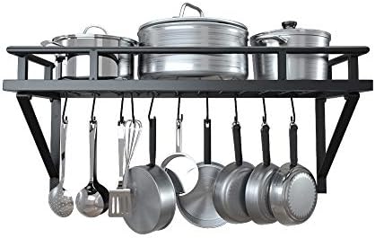  KES 30-Inch Kitchen Pan Pot Rack Wall Mounted Hanging Storage Organizer Wall Shelf With Hooks Matte Black, KUR215S75A-BK