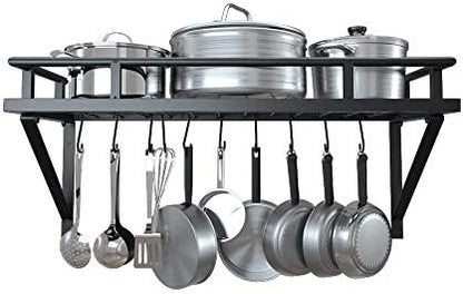 KES 30-Inch Kitchen Pan Pot Rack Wall Mounted Hanging Storage Organizer Wall Shelf With Hooks Matte Black, KUR215S75A-BK