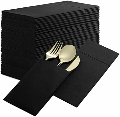 Disposable Linen-Feel Dinner Napkins With Built-in Flatware Pocket, 50-Pack BLACK Prefolded Cloth Like Paper Napkins For Dinner, Wedding Or Party