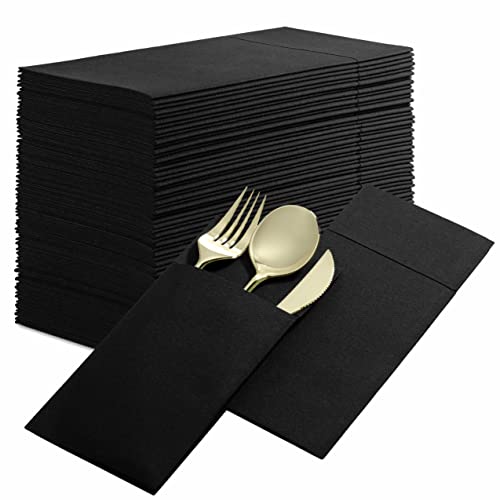  Disposable Linen-Feel Dinner Napkins With Built-in Flatware Pocket, 50-Pack BLACK Prefolded Cloth Like Paper Napkins For Dinner, Wedding Or Party