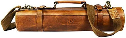  Aron Leather Goods Vendimia Estilo Leather Knife Roll Storage Bag, Elastic And Expandable 10 Pockets, Adjustable/Detachable Shoulder Strap, Travel-Friendly Chef Knife Case Roll (Caramel, Leather)