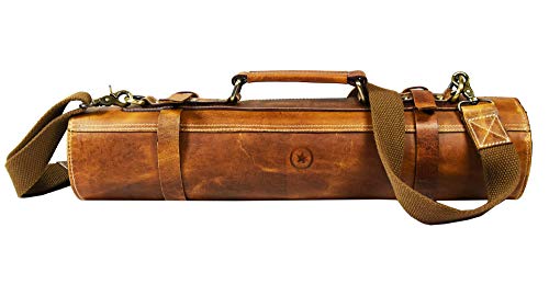  Aron Leather Goods Vendimia Estilo Leather Knife Roll Storage Bag, Elastic And Expandable 10 Pockets, Adjustable/Detachable Shoulder Strap, Travel-Friendly Chef Knife Case Roll (Caramel, Leather)