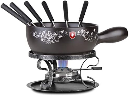  Artestia 2.11-Quart Ceramic Fondue Pot Set Cheese Chocolate Melting Pot Metal Stand With 6 Fondue Forks And Swiss Floral Pattern, Perfect For 6-8 People, 10 Piece