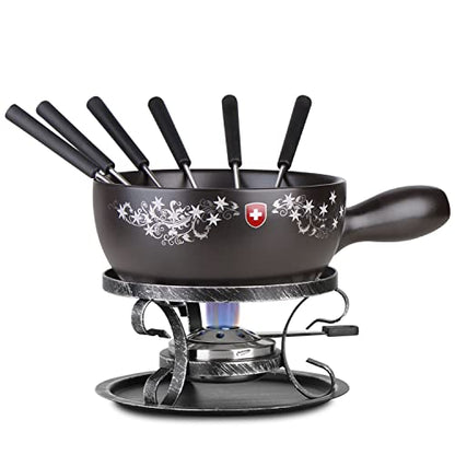  Artestia 2.11-Quart Ceramic Fondue Pot Set Cheese Chocolate Melting Pot Metal Stand With 6 Fondue Forks And Swiss Floral Pattern, Perfect For 6-8 People, 10 Piece