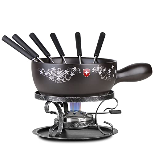  Artestia 2.11-Quart Ceramic Fondue Pot Set Cheese Chocolate Melting Pot Metal Stand With 6 Fondue Forks And Swiss Floral Pattern, Perfect For 6-8 People, 10 Piece