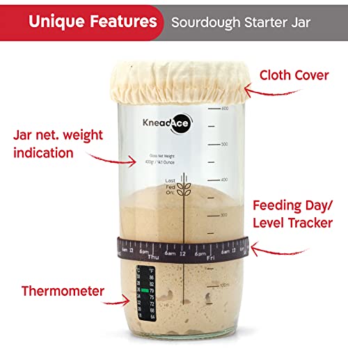  NeadAce Sourdough Starter Jar With Date Marked Feeding Band, Thermometer, Sourdough Jar Scraper, Sewn Cloth Cover & Metal Lid, Mothers Day Gift, Sourdough Starter Kit (1 Pack)