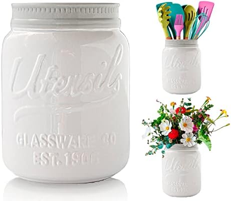  Wide Mouth Mason Jar Utensil Holder Decorative Kitchenware Organizer Crock, Chip Resistant Ceramic, Dishwasher Safe - Kitchen Caddy Aqua Blue For Countertop, Large Size 7" High