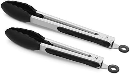 2 Pack Black Kitchen Tongs, Premium Silicone BPA Free Non-Stick Stainless Steel BBQ Cooking Grilling Locking Food Tongs, 9-Inch & 12-Inch
