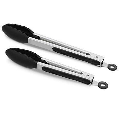  2 Pack Black Kitchen Tongs, Premium Silicone BPA Free Non-Stick Stainless Steel BBQ Cooking Grilling Locking Food Tongs, 9-Inch & 12-Inch