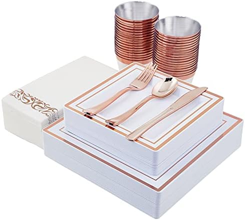  210PCS Gold Dinnerware Set 30 Guest,Gold Party Supplies,60 Gold Rim Plastic Plates-30 Gold Plastic Silverware-30 Plastic Cups-30 Linen Like Paper Napkins For Graduation, Birthday, Cocktail Party-Gold