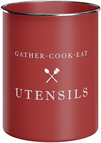  White Utensil Holder For Kitchen Countertop, Farmhouse Metal Utensil Crock, Rustic Country Decorative Kitchen Utensil Caddy Large, 5.5x6.75