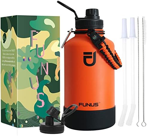  64oz Insulated Water Bottle (2 Lids) 64 Oz Vacuum Stainless Steel Water Bottle With Handle Flip Top Lid And Paracord BPA Free Metal Water Jug Sports Outdoor Camping