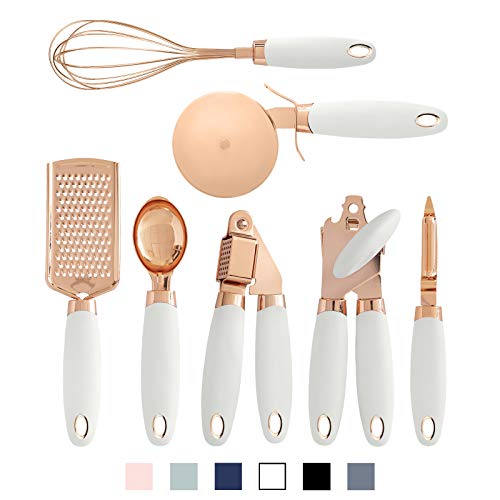  Ith COLOR 7 Pc Kitchen Gadget Set Copper Coated Stainless Steel Utensils With Soft Touch White Handles