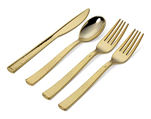  Erfect Settings 300 Pieces Gold Plastic Cutlery Set - Gold Metallic Plastic Silverware With A Hammered Finish - Tableware Set (75 Plastic Spoons, 75 Plastic Knives, 150 Plastic Forks)