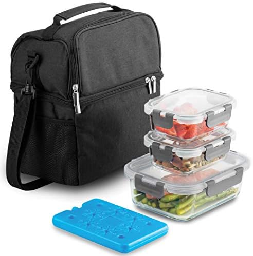  INEDINE Lunch Bag With Glass Containers - Insulated Lunch Box For Women And Men - Leakproof Locking Lids & Ice Pack - 2-Compartment Cooler Tote For Work (Black)