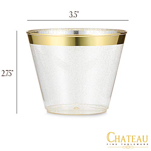 100 Pack 9oz Plastic Cups Gold Glitter With A Gold Rim - Premium Disposable Party Cups - Elegant And Classy Sturdy Cups - Weddings Birthdays Anniversaries And Other Social Events