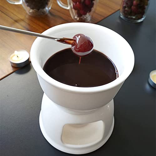  Tebery Fondue Set With 4 Color Forks, Premium Tea Light Porcelain Melting Pot For Cheese, Chocolate And Tapas - White