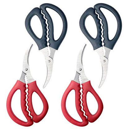 4 Pack Kitchen Seafood Scissors Fish Scissors Crab Scissors Lobster Scissors, Multifunctional Stainless Steel Seafood Scissors (2Pcs Black, 2Pcs Red)