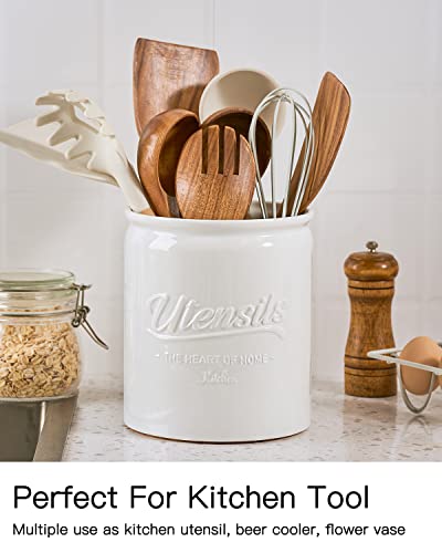  Getstar Utensil Holder For Kitchen Counter (7.2” X 6.2”) , Large Kitchen Utensil Holder With Protective & Non-Slip Cork Mat, Ceramic Cooking Utensil Holder (White)