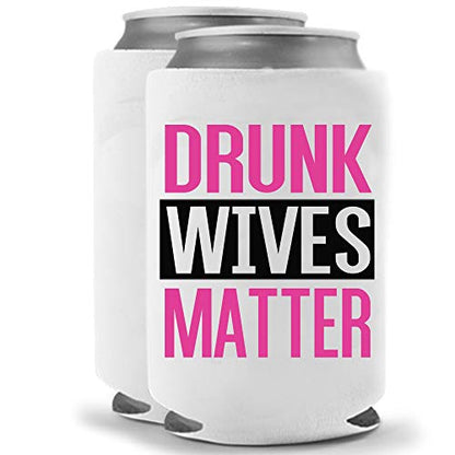  Drunk Wives Matter Pink | Set Of Two (2) Funny Novelty Can Cooler Beverage Huggie - | Beer Beverage Holder - Funny Gifts Wife - Quality Neoprene No Fade 12 Oz Or 16oz Can Cooler (Magenta (2))