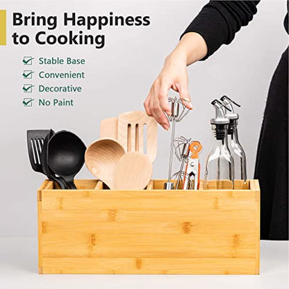  Extra Large Bamboo Utensil Holder, 4 Sections Kitchen Utensil Holder Organizer For Countertop, Cooking Utensil Caddy Farmhouse Utensils Holder Utensil Crock For Kitchen Counter