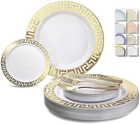  " OCCASIONS " 600 Pcs Set & 120 Guest Wedding Disposable Plastic Plate & Silverware Combo Set (Ivory & Gold Rim Plates, Gold Silverware)