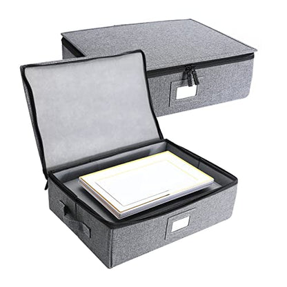  TEYIKA 2 Pcs China Storage Containers, Platter Storage Case Containers, 5.5'' Tall With Hard Shell, Structured Top, Bottom And Sides, 8 Felt Dividers Included(17'' X 13'' X 5.5''), Grey 2 Pack