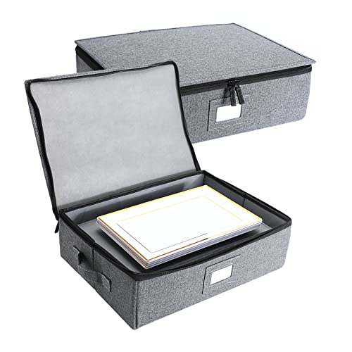  TEYIKA 2 Pcs China Storage Containers, Platter Storage Case Containers, 5.5'' Tall With Hard Shell, Structured Top, Bottom And Sides, 8 Felt Dividers Included(17'' X 13'' X 5.5''), Grey 2 Pack