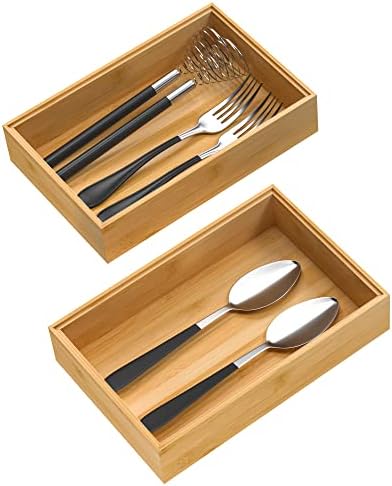  Bamboo Drawer Organizer, Stackable Utensil Organizer For Kitchen, Bamboo Storage Box Wood Silverware Tray For Drawer 15" X 6" X 2" Set Of 2