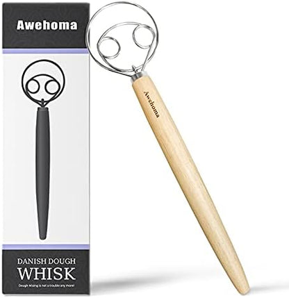  Danish Dough Whisk Large Hand Mixer - 2 Pack Large 13” Stainless Steel Wooden Danish Whisk With 2 Dough Scraper - Dutch Style Artisan Blender For Bread, Batter, Cake, Pastry - Gift For Bakers
