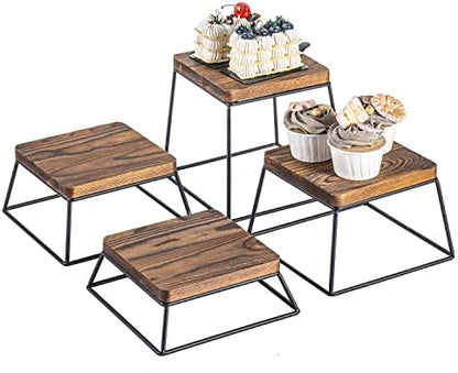  Burnt Wood & Black Metal Wire Square Retail Food Display Risers/Pizza Stands, Set Of 4