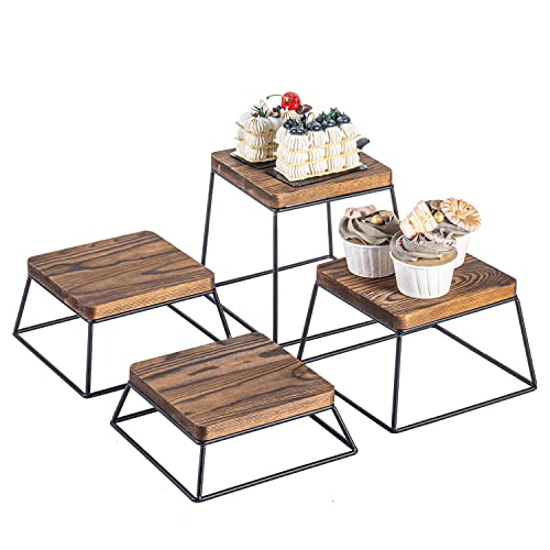  Burnt Wood & Black Metal Wire Square Retail Food Display Risers/Pizza Stands, Set Of 4
