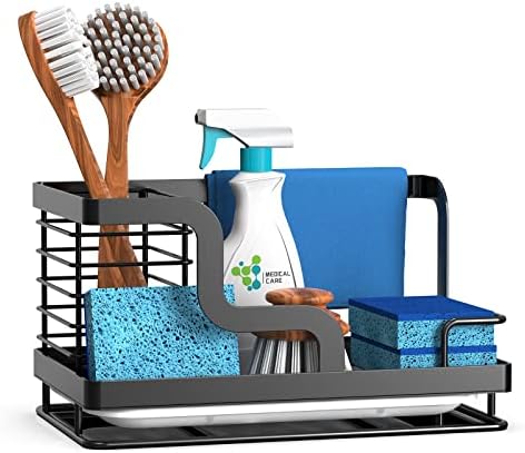  Sink Caddy Sponge Holder, Kitchen Sink Organizer For Dish Rag Soap Brush,Dishcloth Holder With Drain Pan 304 Stainless Steel