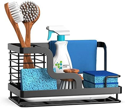  Sink Caddy Sponge Holder, Kitchen Sink Organizer For Dish Rag Soap Brush,Dishcloth Holder With Drain Pan 304 Stainless Steel
