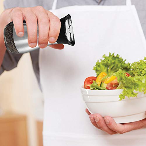  Salt And Pepper Shakers (2-Pc. Set) Modern Stainless-Steel W/Clear Glass Bottom | Compact Cooking, Kitchen And Dining Room Use | Classic, Refillable Design (Black)