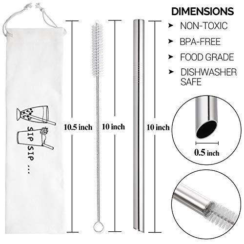  [Angled Tips] 2 Pcs Jumbo Reusable Boba Straws & Smoothie Straws, 0.5" Wide Stainless Steel Straws, Metal Straws For Bubble Tea/Tapioca Pearl, Milkshakes,Smoothies | 1 Cleaning Brush & 1 Case